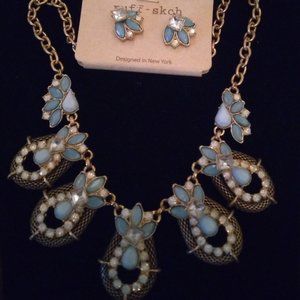 Gold Plated Baby Blue and Diamond Cut Necklace Set